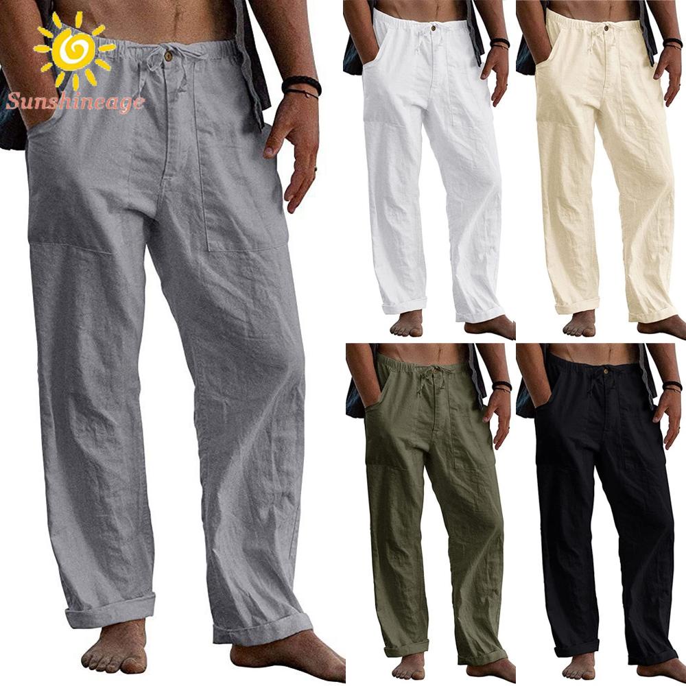 Quần Dài Đi Biển Dáng Rộng Chất Liệu Cotton Lanh Co Giãn Màu Trơn Thời Trang Mùa Hè Cho