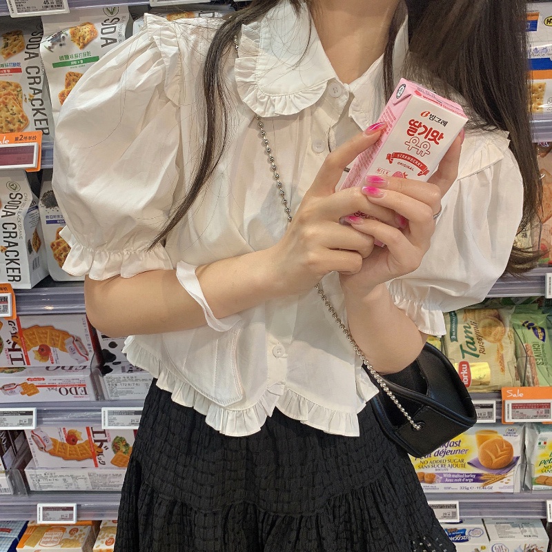 Áo Kiểu Eo Cao Phối Bèo Nhún Phong Cách Pháp Nữ Tính