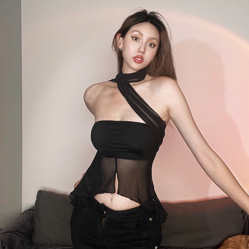 Weird Puss Áo Lưới Hai Dây Ôm Dáng Màu Đen Trơn Đơn Giản Quyến Rũ Cho Nữ