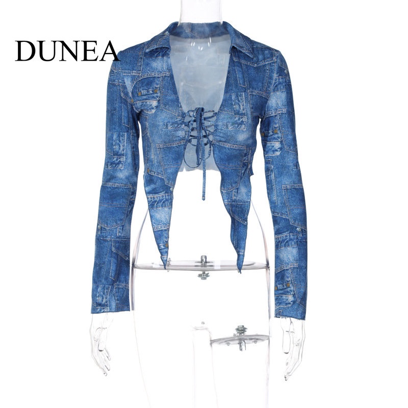 DUNEA Áo Croptop Denim In Họa Tiết Thiết Kế Lệch Tà Quyến Rũ Cho Nữ