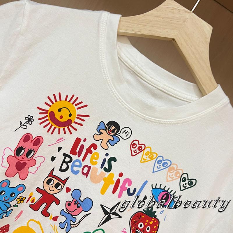 Áo Thun Tay Ngắn Cổ Tròn In Họa Tiết Hoạt Hình Phong Cách Đường Phố Cho Nữ