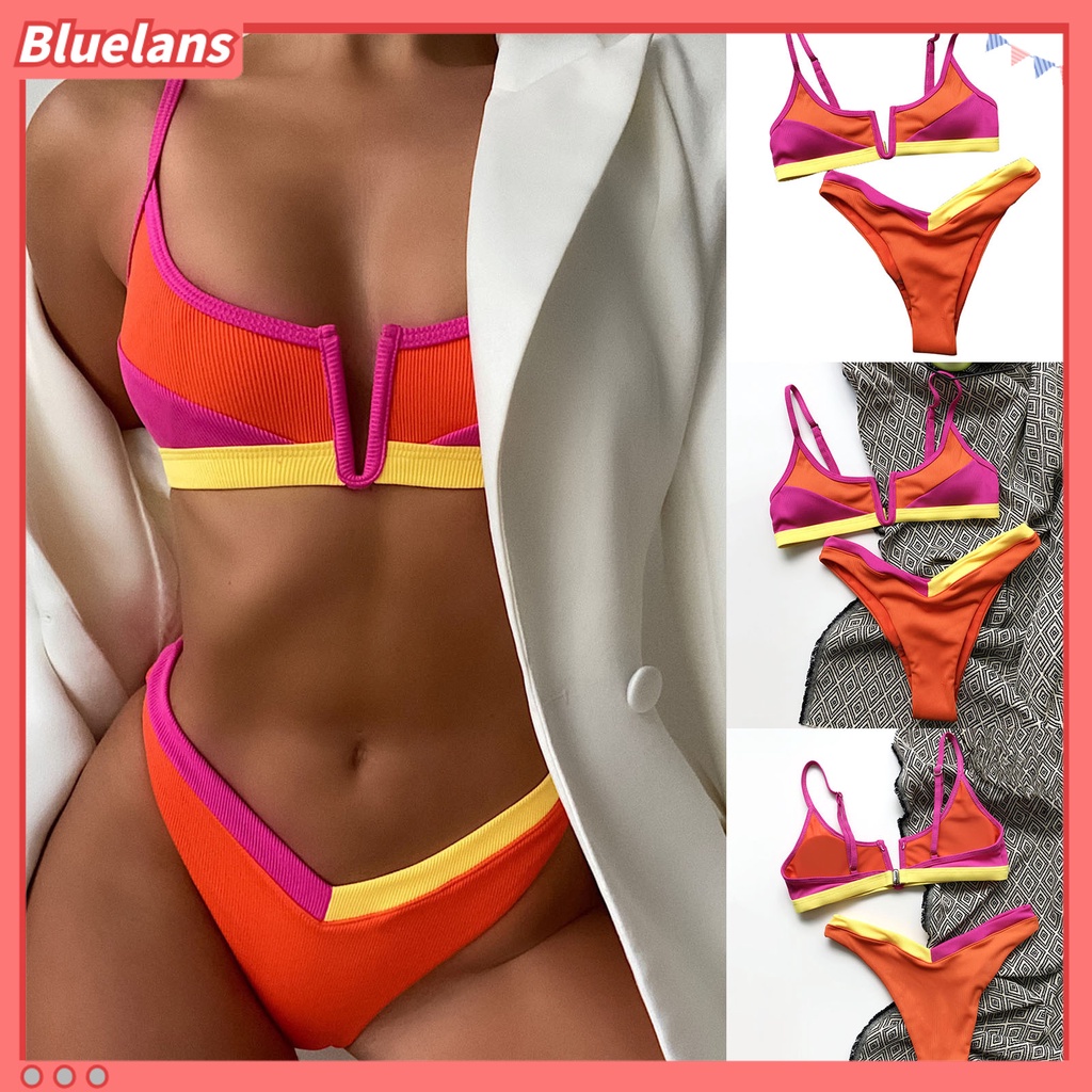 Bộ Đồ Bơi 2 Mảnh Cổ Chữ V Màu Tương Phản Thoải Mái Thời Trang Mùa Hè Cho Nữ