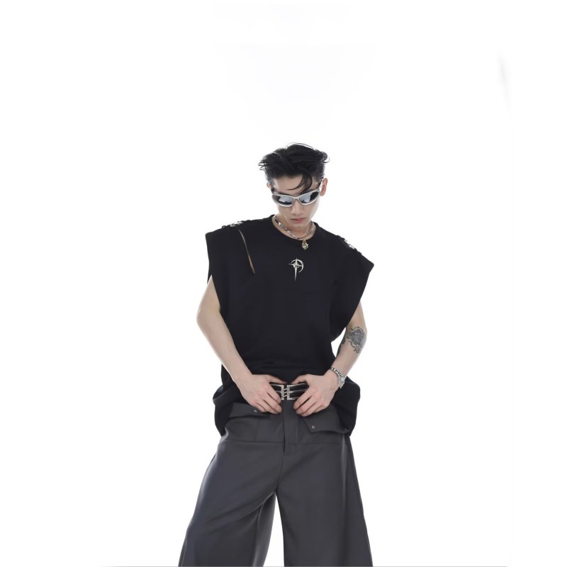 ÁO Thun Sát Nách Xẻ Tà Phối Họa Tiết Kim Loại Thời Trang Mùa Hè Cho Nam Ba Lỗ Nam Đen Tanktop Unisex Áo Ba Lỗ Nam Đẹp