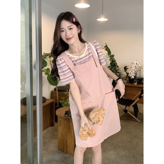 Set áo thun ngắn tay kẻ sọc + đầm yếm thời trang nữ