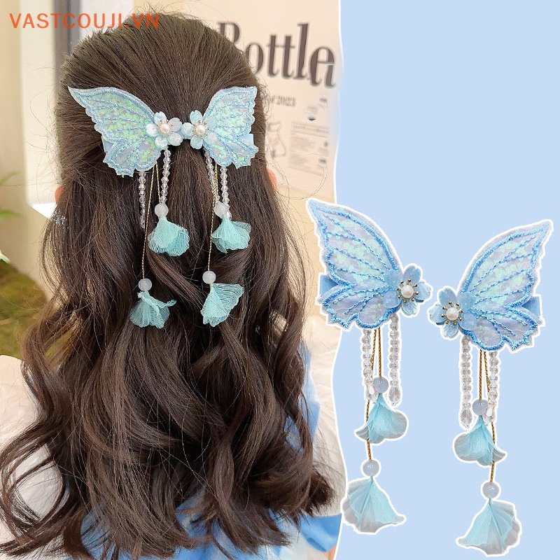 1 Cặp Kẹp Tóc Tua Rua Thêu Hoa Bướm Handmade Thời Trang Cho Nữ