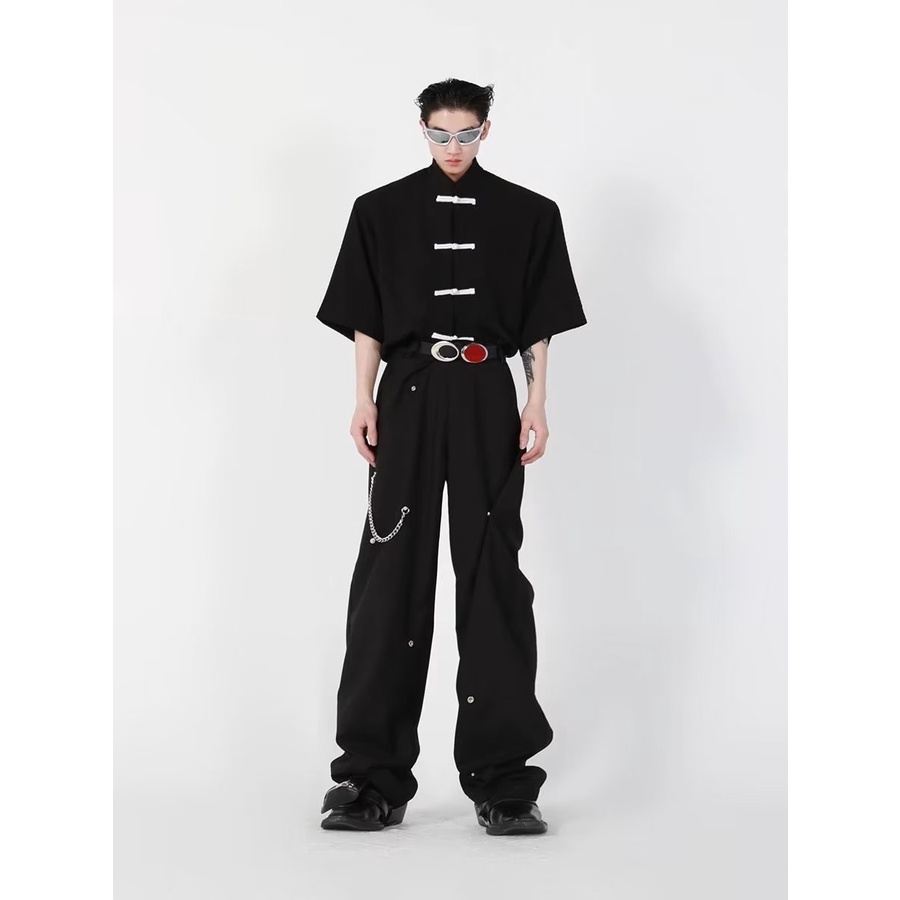 Áo Sơ Mi Ngắn Tay Cổ Đứng Cài Nút Dập Nổi Họa Tiết Phong Cách Trung Hoa