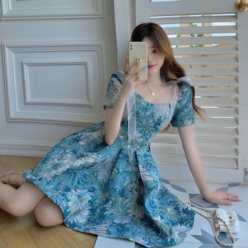 Cozok Đầm Ngắn Tay Chiết Eo In Họa Tiết Tranh Sơn Dầu Phong Cách Retro Thời Trang