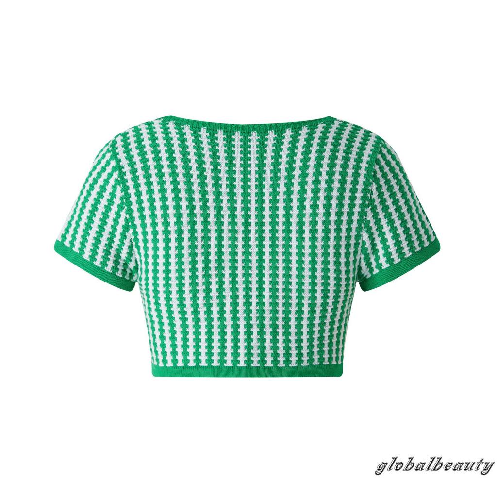 Áo Dệt Kim Ngắn Tay Cổ Vuông Họa Tiết Kẻ Sọc Với Dây Điều Chỉnh Được Thời Trang Mùa Hè Cho Nữ