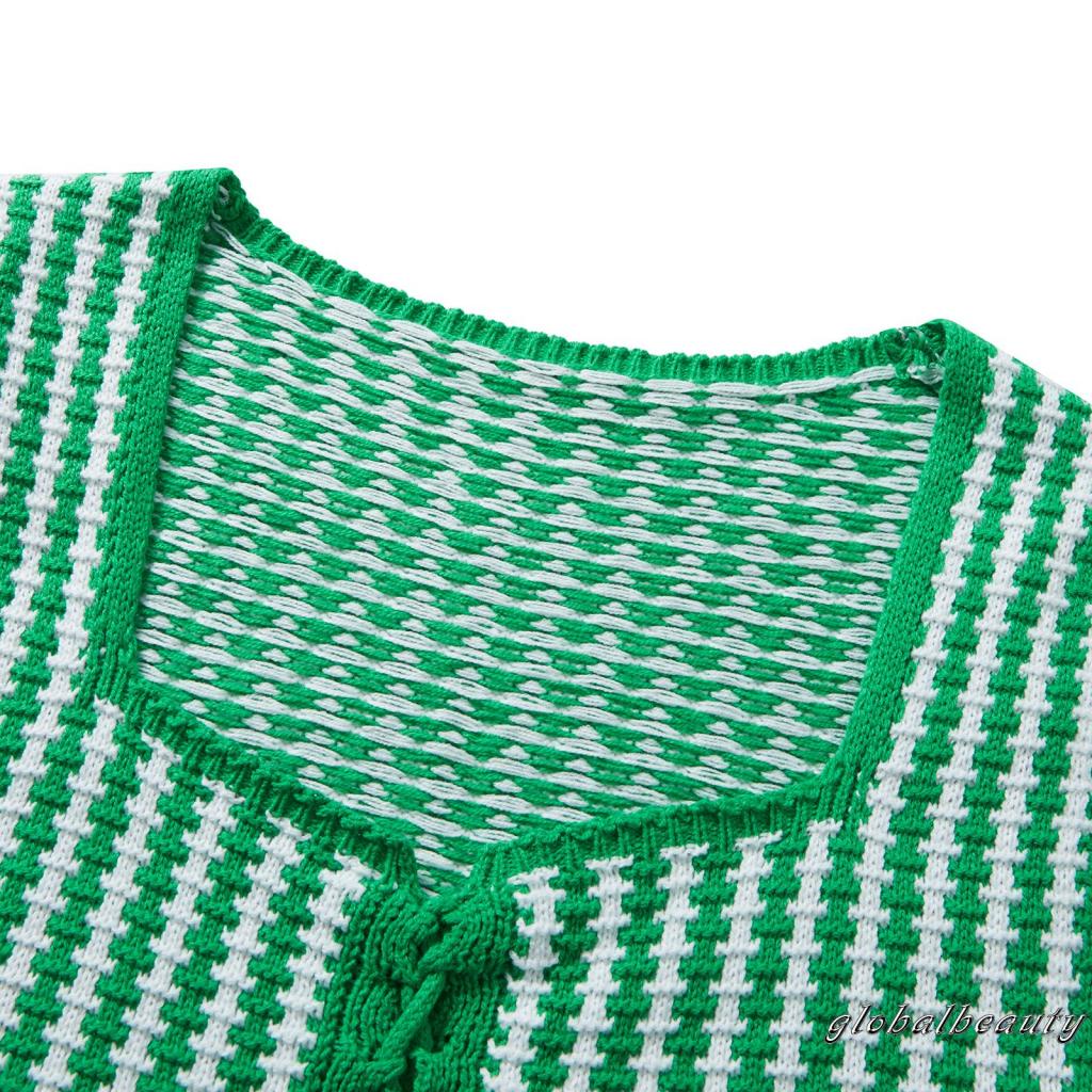 Áo Dệt Kim Ngắn Tay Cổ Vuông Họa Tiết Kẻ Sọc Với Dây Điều Chỉnh Được Thời Trang Mùa Hè Cho Nữ