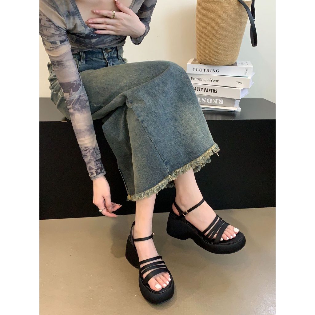 Sandal Cao Gót Đế Xuồng Dày Quai Denim Màu Xanh Dương Thời Trang Mùa Hè Hàng Mới 2023