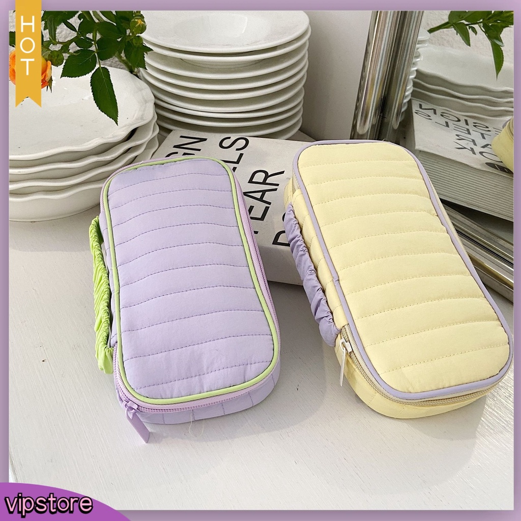 <VIP> Túi Đựng Bút Chì Dây Đeo Tay Dạng Lưới Mịn Có Dây Kéo Bên Trong Sức Chứa Lớn Thiết Kế Kem Phô Mai Màu Tím / Vàng Cho Học Sinh