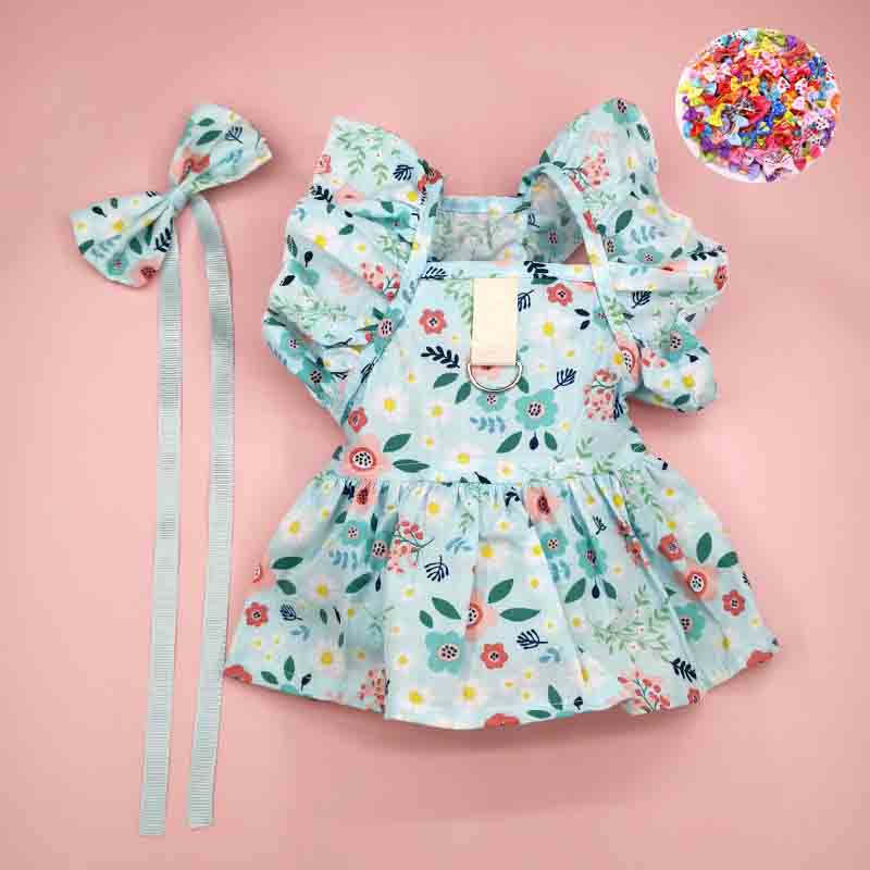 Đầm Hóa Trang Công Chúa Chất Liệu Cotton Đính Nơ Màu Xanh Dương / Hoa Hồng Cho Cún Cưng Shih Tzu