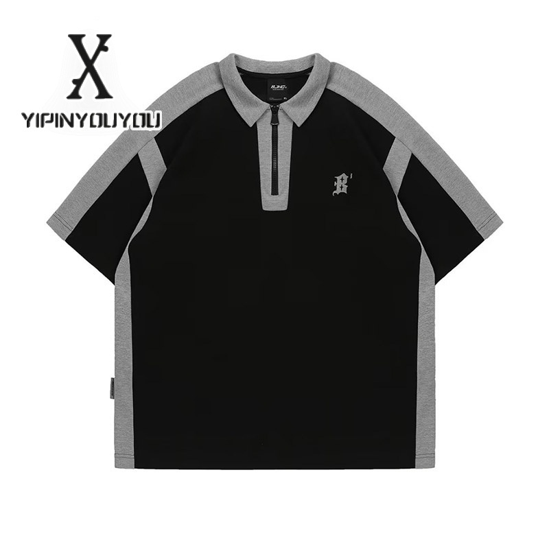 YIPINYOUYOU Áo thun polo dáng rộng tay lửng họa tiết in đơn giản thời trang Nhật Bản cho nam