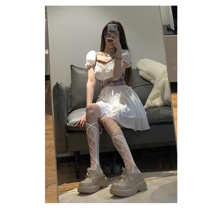 Đầm Ngắn Giả Hai Mảnh Thắt Nơ Eo Họa Tiết Sọc Caro Phong Cách Nhật Bản Ngọt Ngào Mùa Hè Dành Cho Bạn Nữ Mới