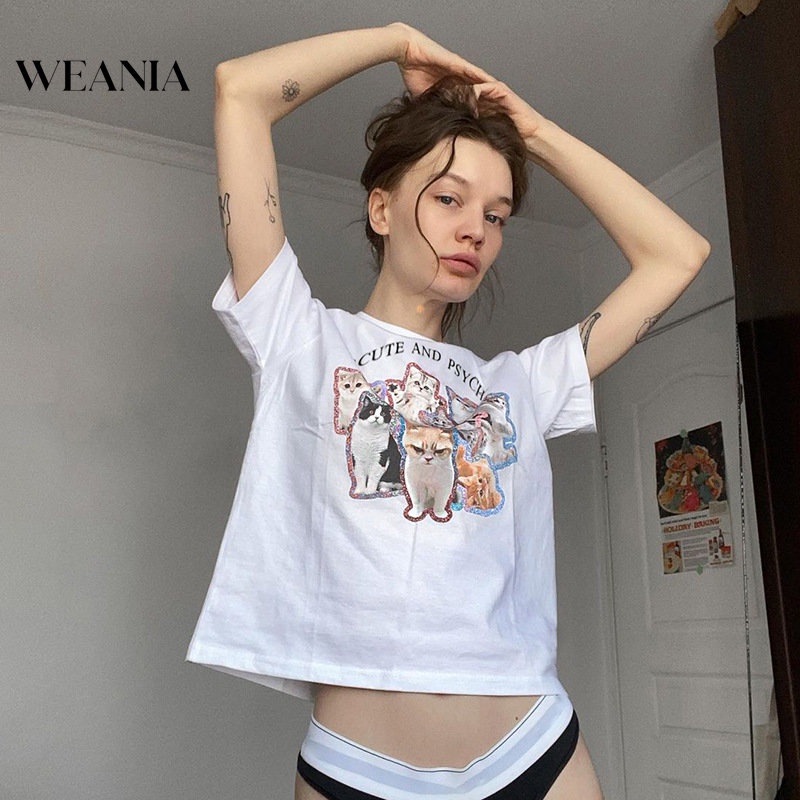 Áo Thun Ngắn Tay Dáng Rộng In Hình Mèo Dễ Thương Cho Nữ