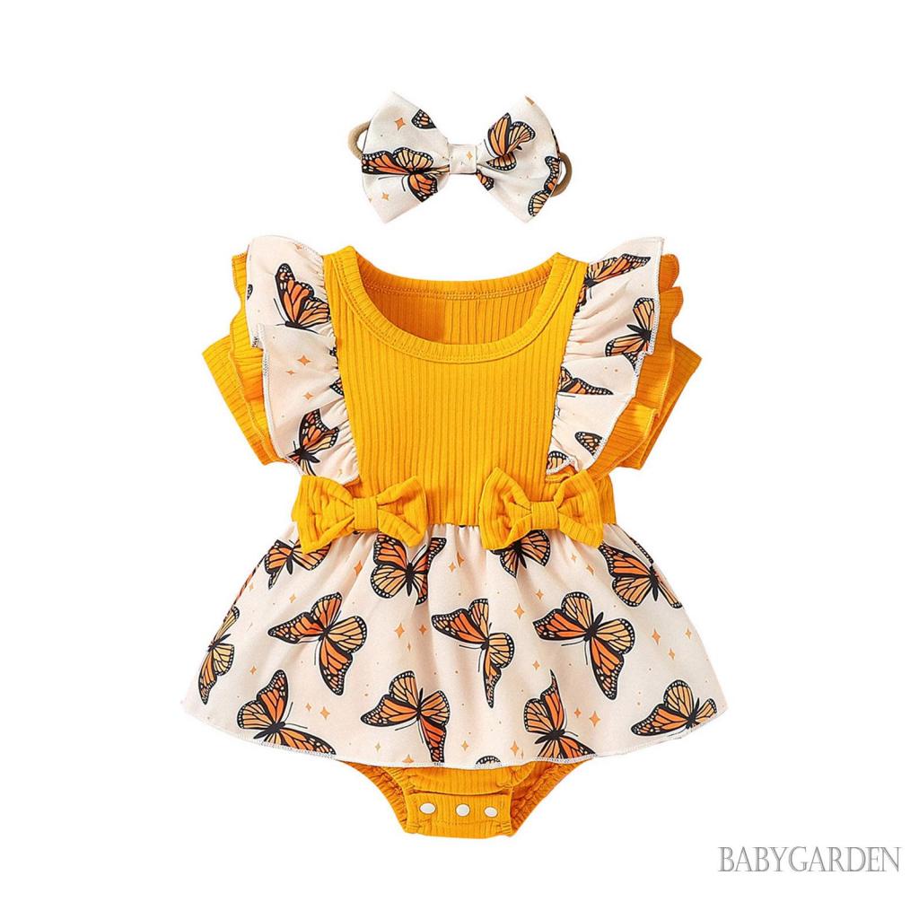 Set Áo Liền Quần &amp; Băng Đô Quấn Đầu In Hình Bướm Cho Bé Gái 0-18 Tháng Tuổi