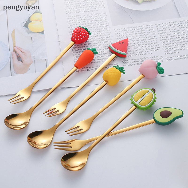 Bộ Muỗng Nĩa Ăn Trái Cây / Tráng Miệng Bằng Thép Không Gỉ Hình Hoạt Hình Dành Cho Trẻ Em