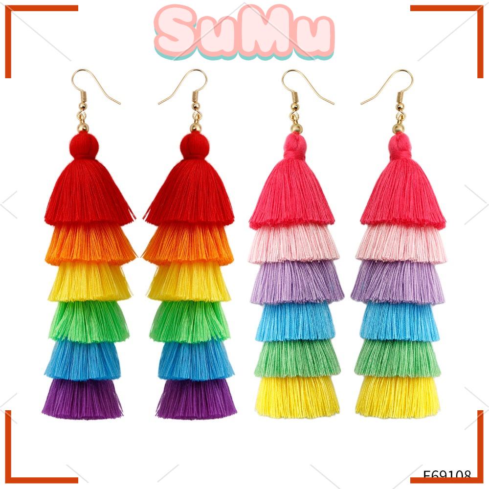 Bông Tai Dạng Tua Rua Nhiều Lớp Màu Sắc Phong Cách Bohemian Dành Cho Nữ