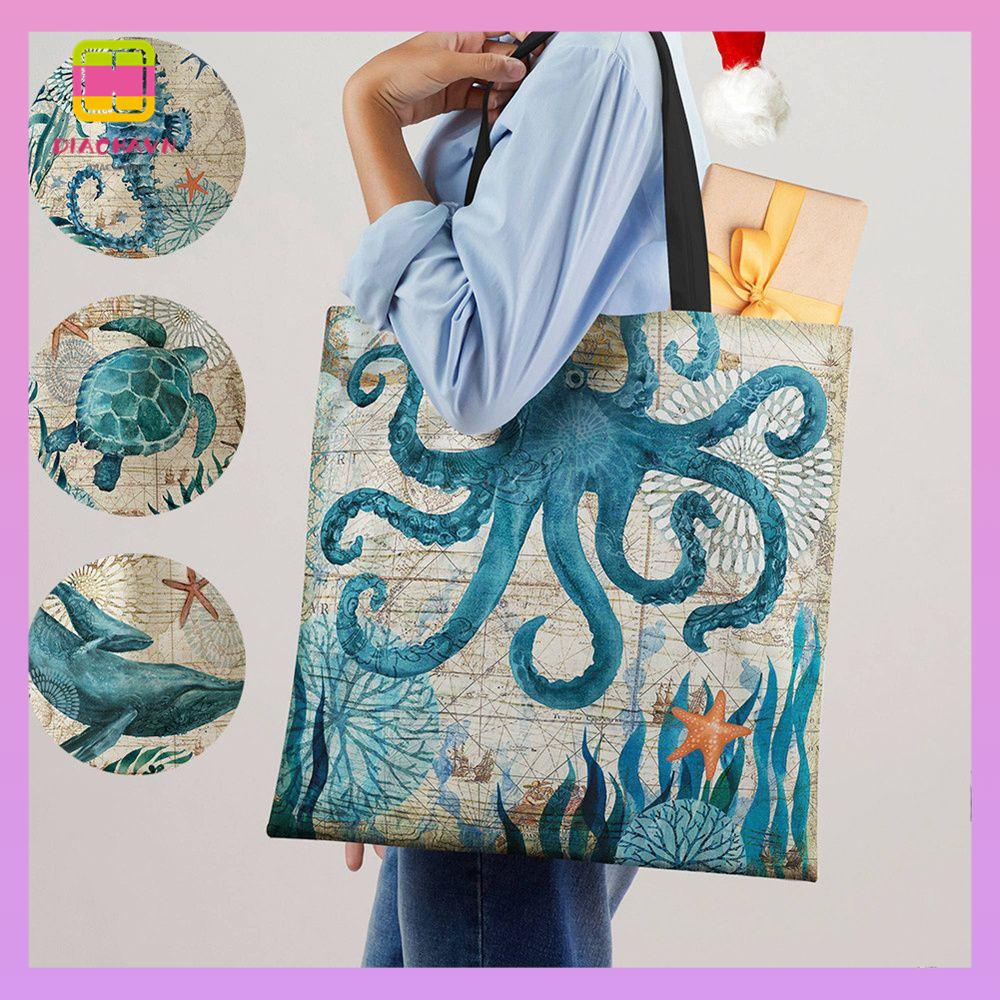 DIACHAVN Túi Tote Đeo Vai Vải Lanh Thân Thiện Với Môi Trường In Hình Bạch Tuộc