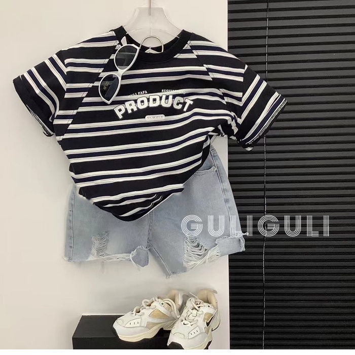 Áo Thun Dáng Rộng Họa Tiết Kẻ Sọc Phong Cách Hàn Quốc Thời Trang Mùa Hè Xinh Xắn Cho Bé
