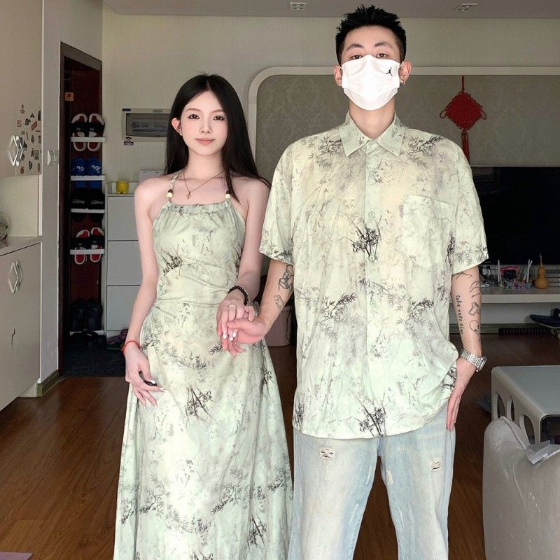 Đầm Sơ Mi Tay Ngắn Mùa Hè 2023 Phong Cách Mới In Họa Tiết Hoa Cổ Điển Hợp Thời Trang Cho Cặp Đôi