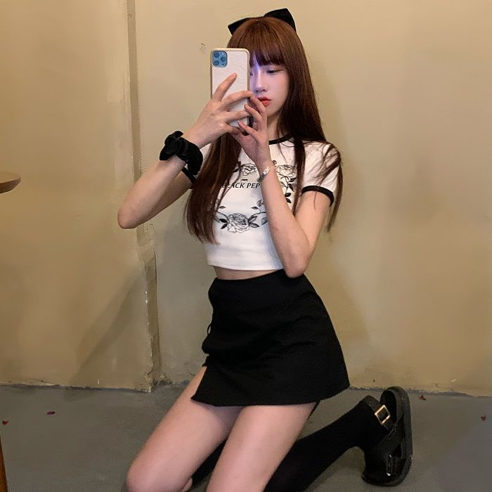 Áo Baby Tee Thun Croptop Nữ Eo Cao Tay Ngắn Màu Sắc Tương Phản Phong Cách Retro Mỹ Thời Trang Mùa Hè Dành Cho Nữ