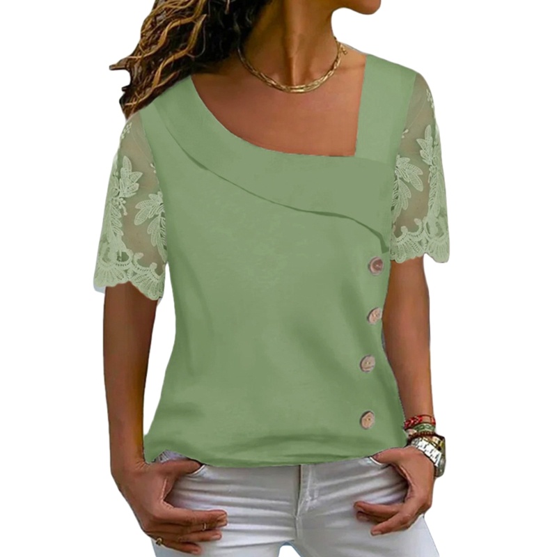 Áo Thun Tay Ngắn Cổ Chữ V Phối Ren Dáng Rộng Thời Trang Mùa Hè Cho Nữ