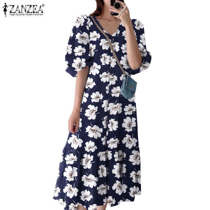 ZANZEA Đầm Tay Phồng Cổ Chữ V In Họa Tiết Hoa Phong Cách Hàn Quốc Thời Trang Cho Nữ