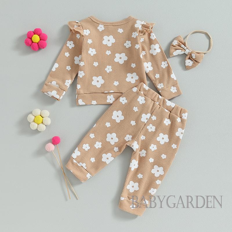 Set Đồ Gồm Áo Tay Dài + Quần + Băng Cài Đầu Rút Dây In Họa Tiết Hoa Cho Bé Gái 0-24 Tháng Tuổi