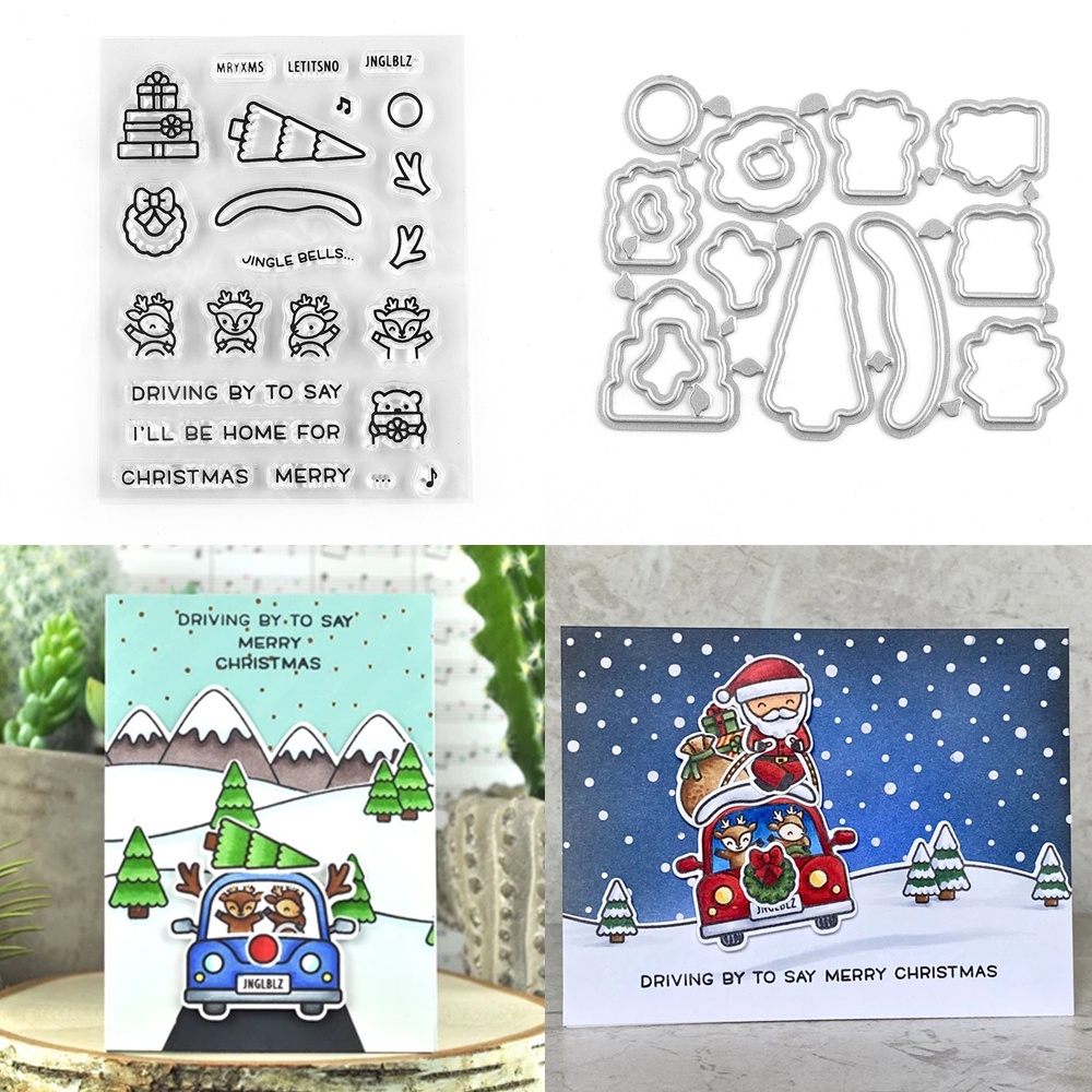 Khuôn Cắt Giấy Kim Loại + Con Dấu Silicon Dập Nổi Họa Tiết Merry Christmas Thẻ