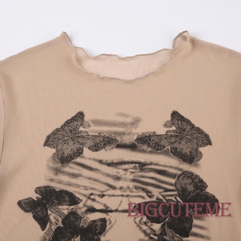 Áo Thun Lưới Tay Ngắn Cổ Tròn Xuyên Thấu In Họa Tiết Bươm Bướm Phong Cách Retro Dành Cho Nữ