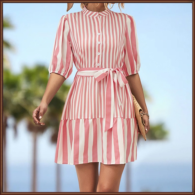Đầm Midi Dáng Chữ A Tay Lửng Họa Tiết Kẻ Sọc Màu Nhuộm Phối Thắt Lưng Cài Nút Phía Trước Cho Nữ