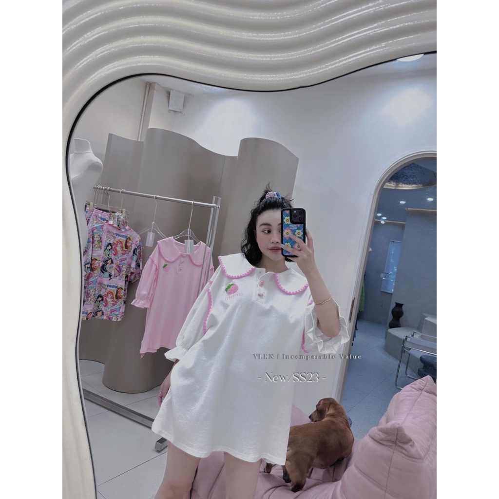 Đầm trái dâu mimi cổ sen viền