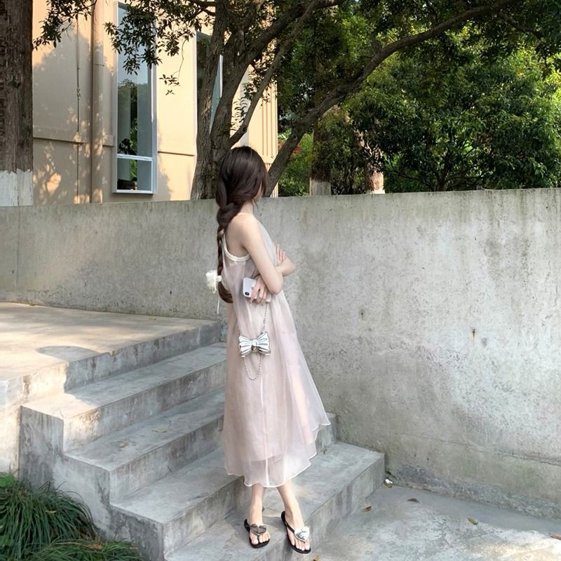 Đầm Hồng Sát Nách Phối Lưới Thời Trang Mùa Hè Cho Nữ