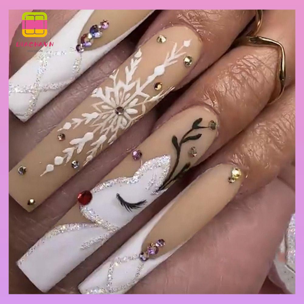 DIACHAVN Set 24 Móng Tay Giả Màu Đen / Bạc / Trắng Có Thể Tháo Rời