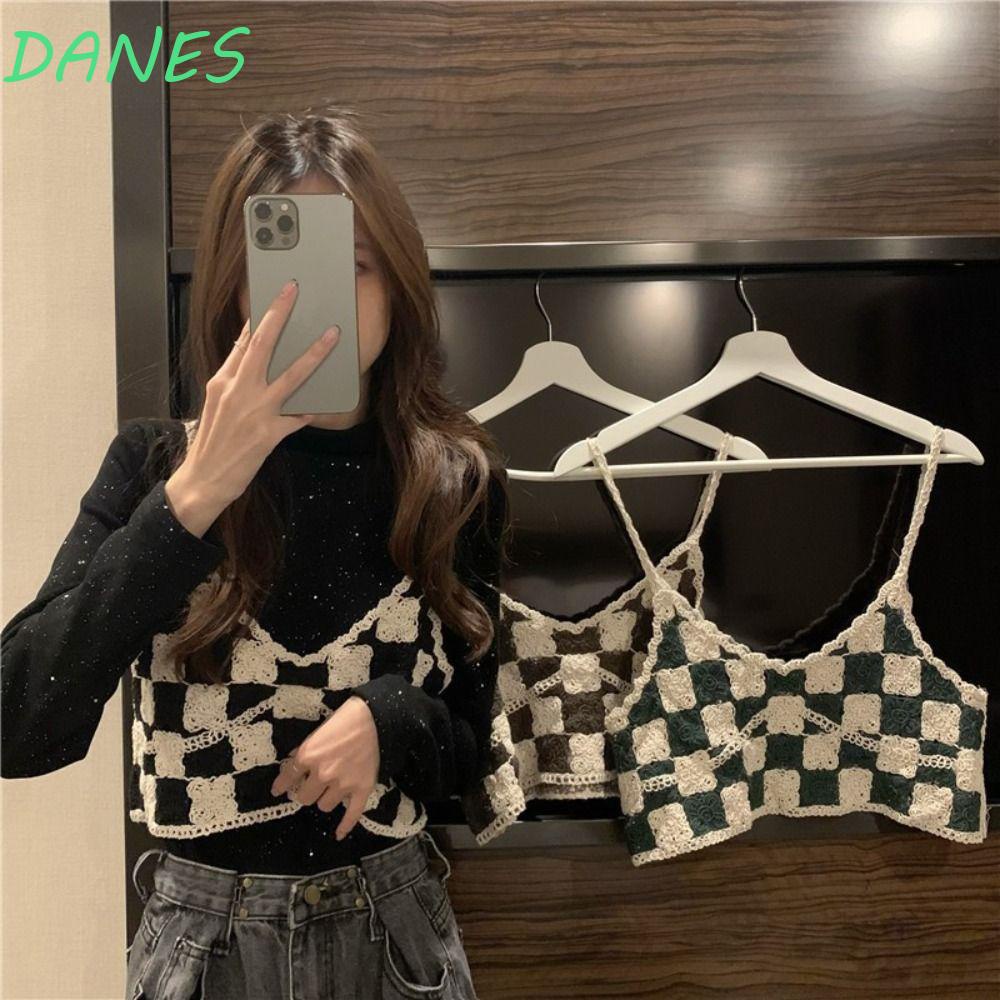 DANES Áo Croptop Sát Nách Chất Liệu Cotton Họa Tiết Sọc Caro Phong Cách Retro Hàn Quốc