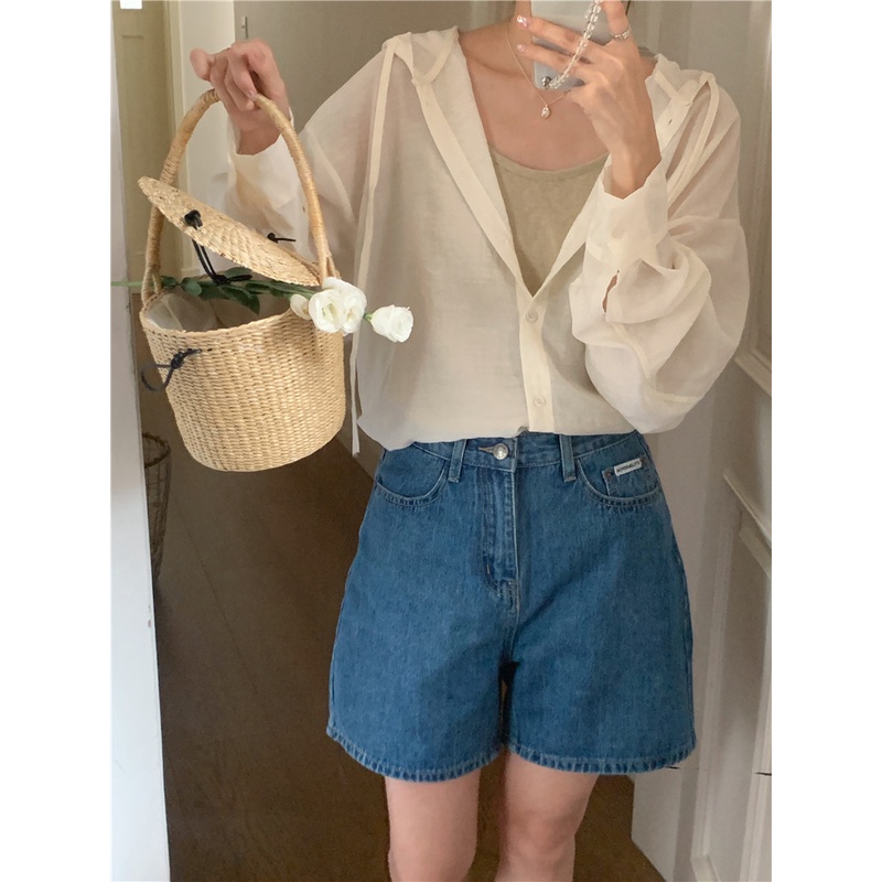 SUXI Áo Sơ Mi Chống Nắng Tay Dài Có Mũ Trùm Kiểu Hàn Quốc Dễ Phối Đồ