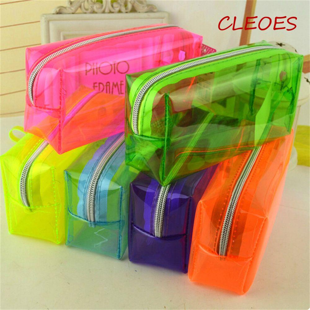 CLEOES Túi Đựng Bút Bằng PVC Trong Suốt Màu Dạ Quang Độc Đáo Tiện Dụng Ốp