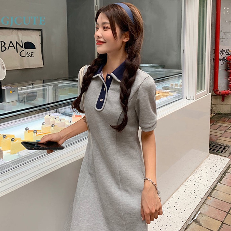 Đầm Midi Tay Ngắn Cổ Bẻ Ghép Vải Phong Cách Preppy WTD