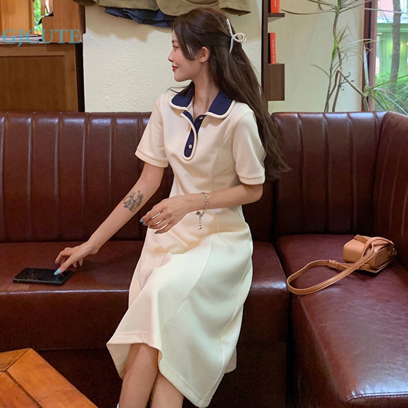 Đầm Midi Tay Ngắn Cổ Bẻ Ghép Vải Phong Cách Preppy WTD