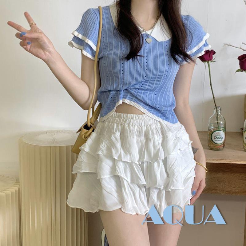 Áo Dệt Kim Tay Ngắn Cổ Búp Bê Màu Sắc Tương Phản Thời Trang Cho Nữ