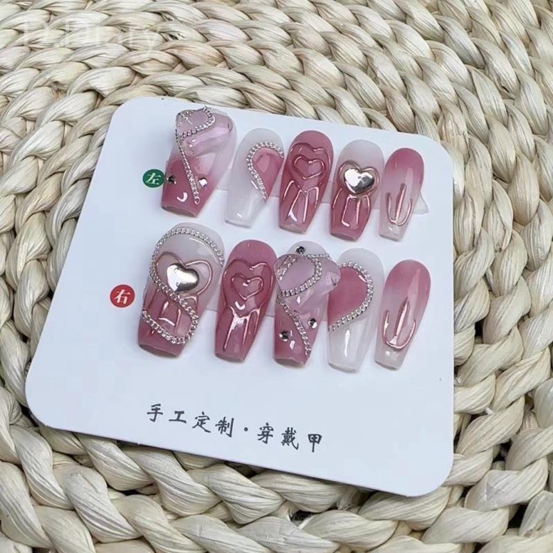 (Có Keo Dính) Móng Tay Giả 5D Trái Tim Ba Chiều Với Thiết Kế Pháp Dài Đính Đá Giả Dạng Nhấn