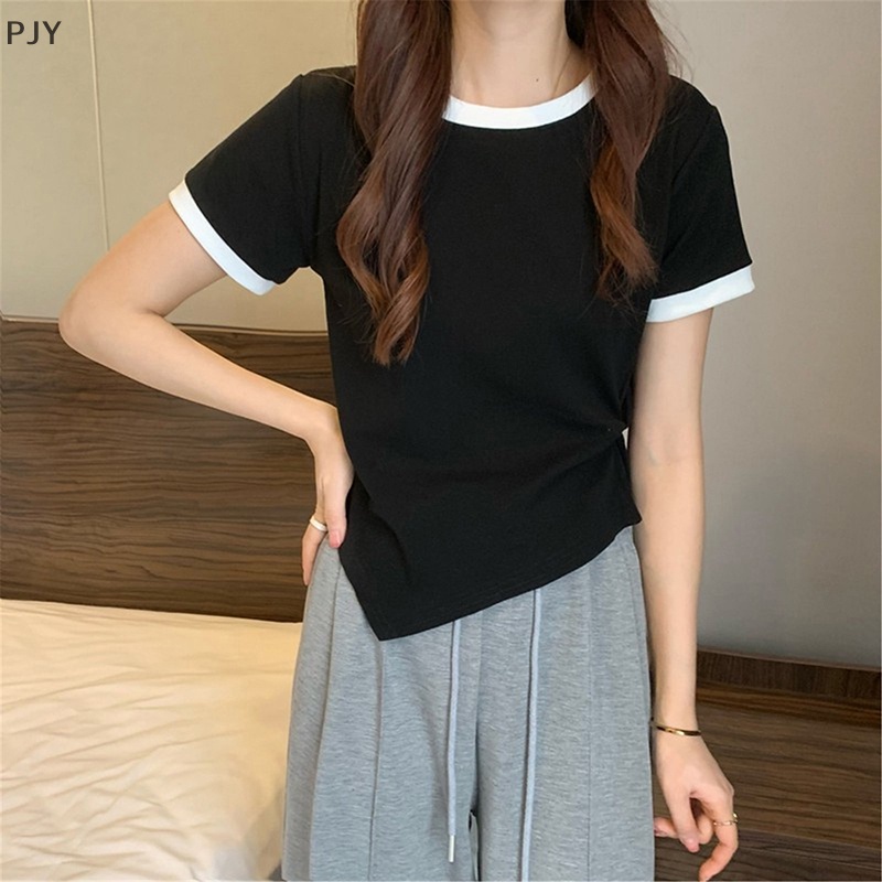 Áo Thun Ngắn Tay Cổ Tròn Màu Sắc Tương Phản Thời Trang Mùa Hè Cho Nữ PJ