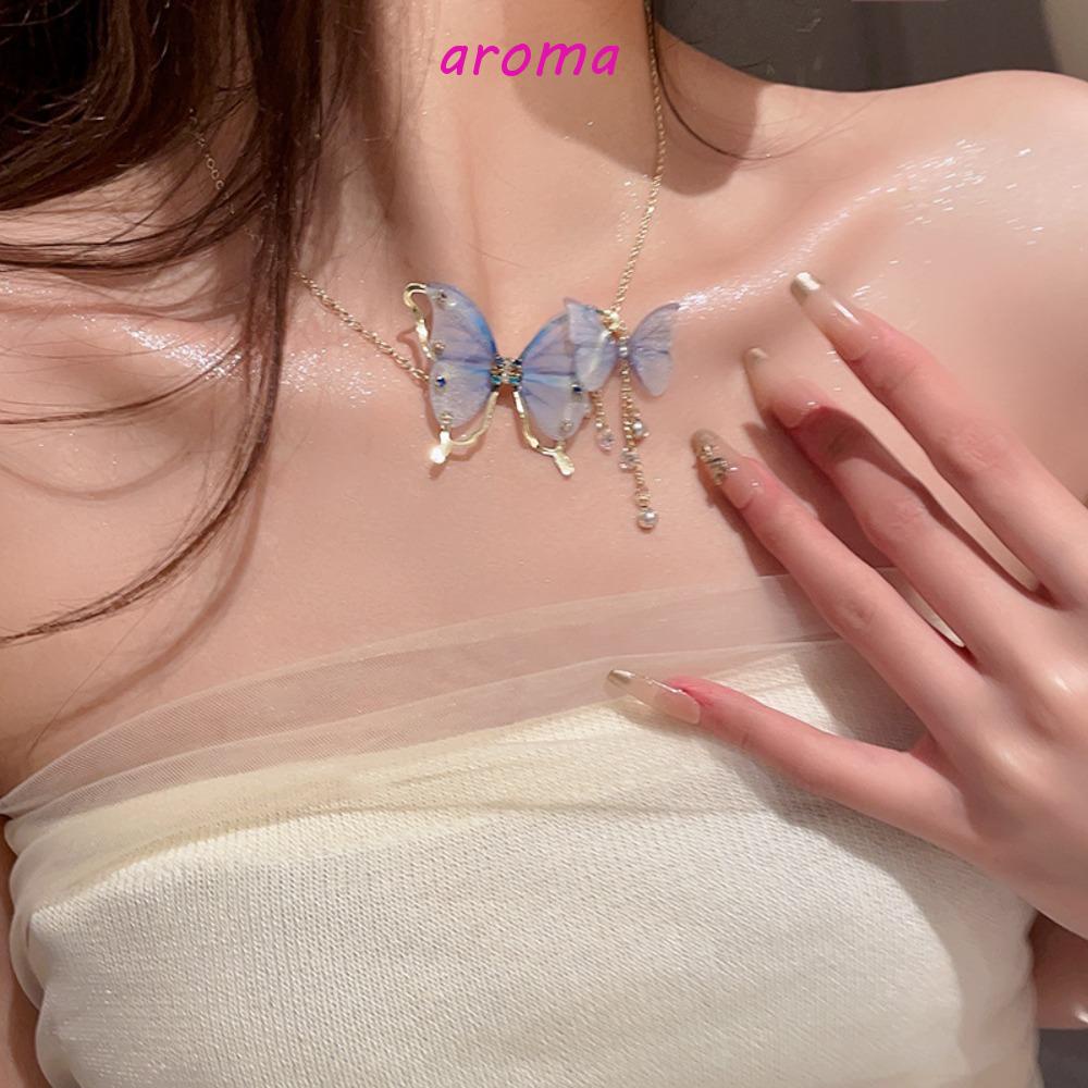 AROMA Vòng cổ Mặt Hình Bướm Đính Đá Phối Tua Rua Bằng Hợp Kim Cao Cấp Cho Nữ