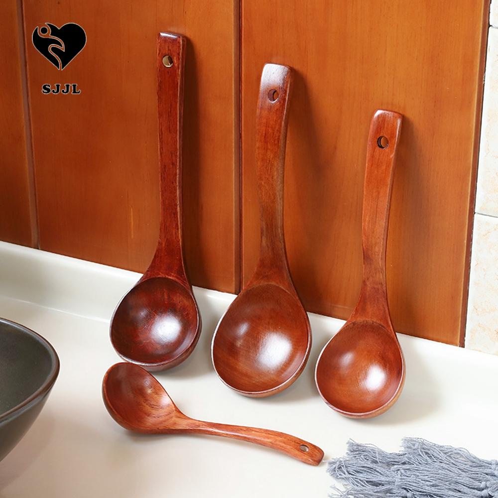 SJJL Muỗng Múc Canh Cán Dài Bằng Gỗ Chống Dính Tiện Dụng