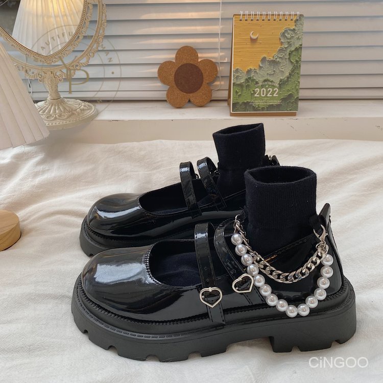 Giày Búp Bê Mũi Tròn Đế Thấp Bằng Sợi Polyester Màu Trơn Phối Khóa Cài