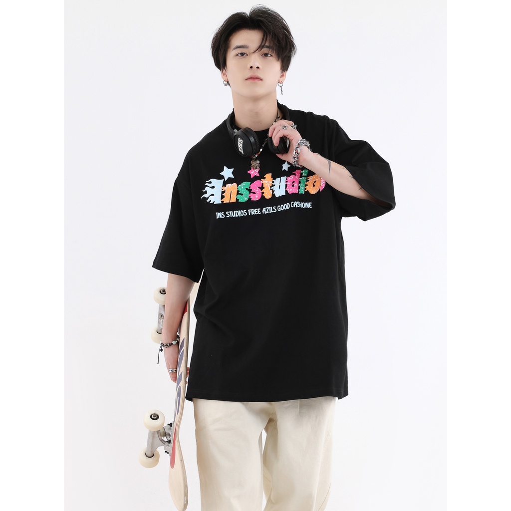 [INSKR] Áo Thun Cotton Tay Lỡ Dáng Rộng Họa Tiết Graffiti Ngôi Sao Mút Xốp Màu Trơn Phong Cách Đường Phố Mỹ Cho Cặp