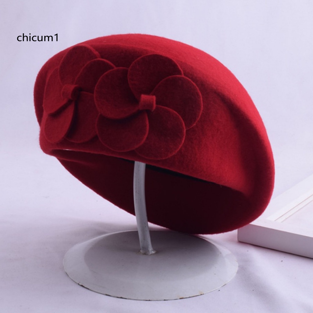 Mũ Beret CC Mềm Mại Màu Trơn Trang Trí Hoa Hai Lớp Thanh Lịch Giữ Ấm Mùa Thu Đông Kiểu Pháp Cho Nữ