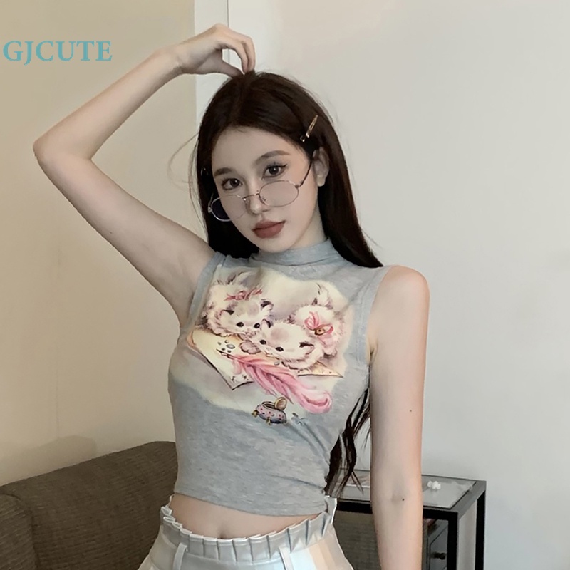 Áo Thun Không Tay Cổ Lọ In Hình Mèo Dễ Thương Dành Cho Nữ