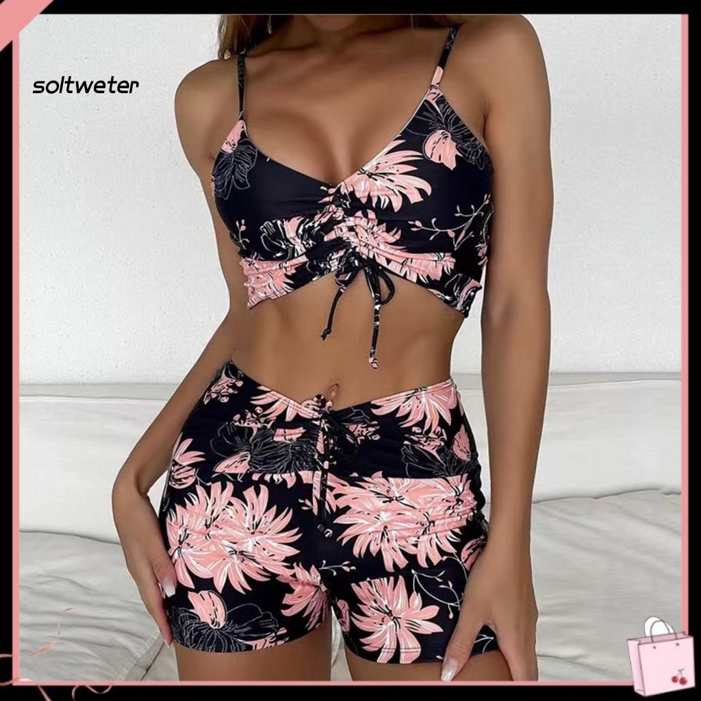 Bộ Bikini 2 Mảnh Cổ Chữ V Lưng Cao Co Giãn Thoáng Khí In Họa Tiết Hoa Kèm Dây Rút Thời Trang Quyến Rũ Cho Nữ